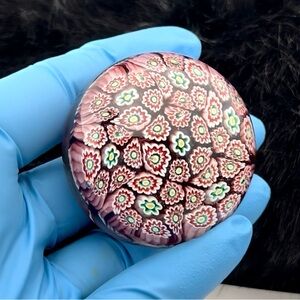 Vintage 2" Murano Flower Millefiori Red/Green/White Paperweight Italy
